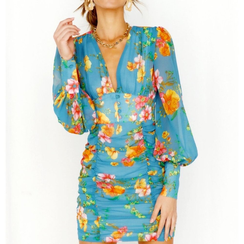 Runaway Blue Floral Ruched Mini Dress Puff Sleeve Wedding Spring S Festival